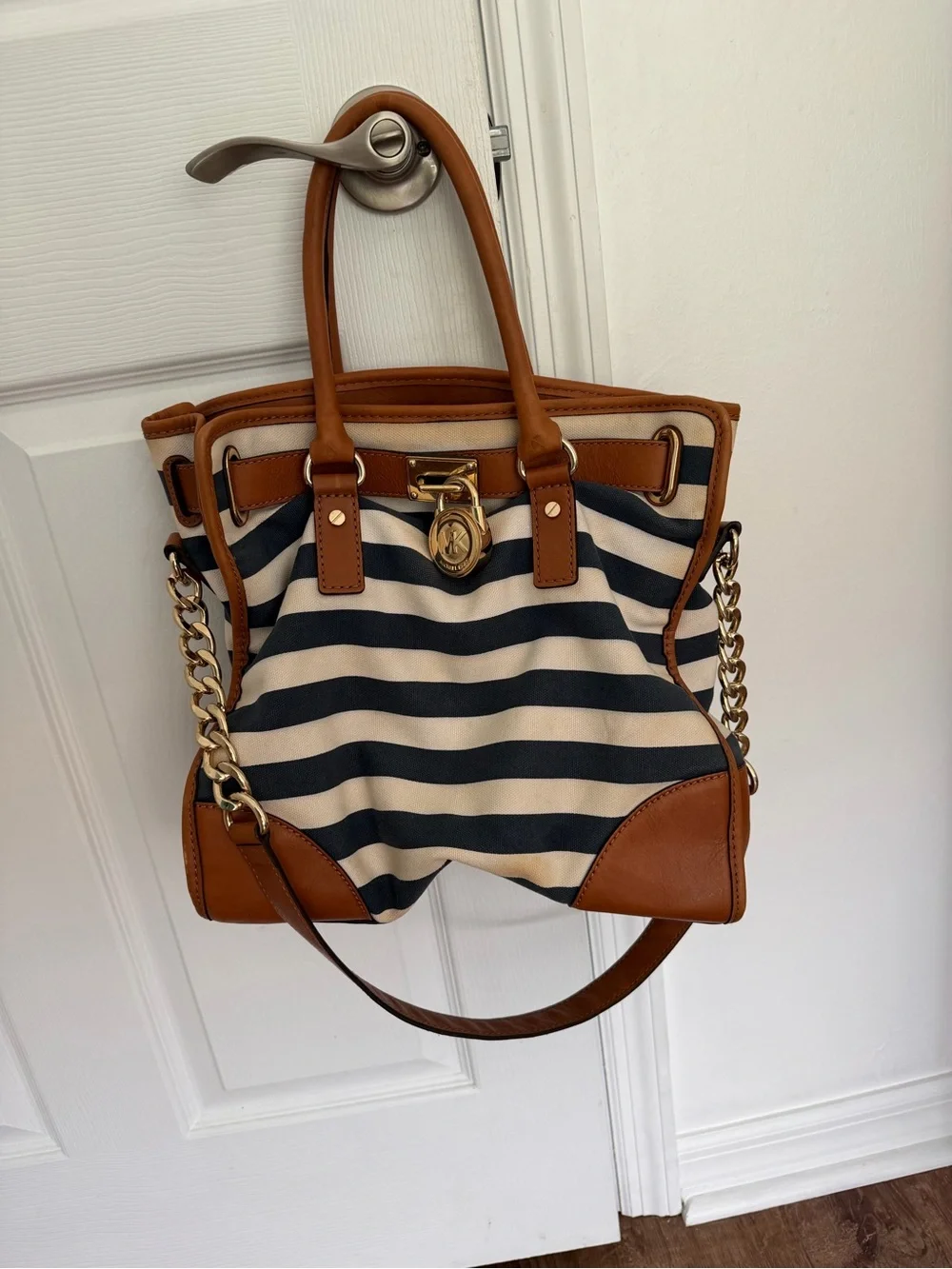 Michael Kors Navy & White Striped Shoulder Tote with Brown Trim